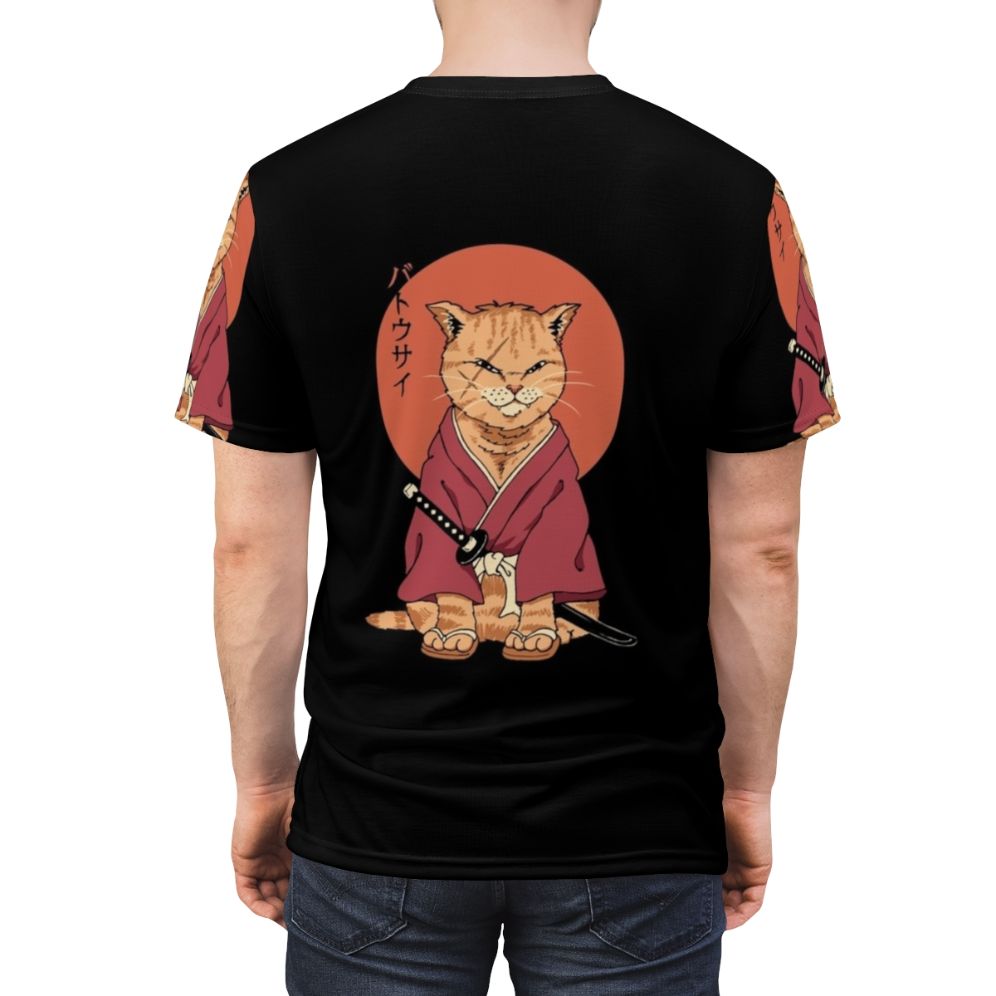 Product image of a t-shirt featuring a cat in samurai attire wielding a sword, inspired by Japanese art and anime - men back