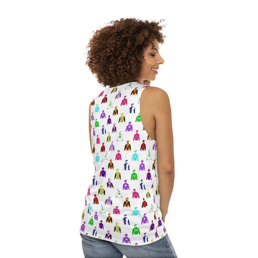 Unisex tank top featuring the vibrant colors of jockey silks - women back