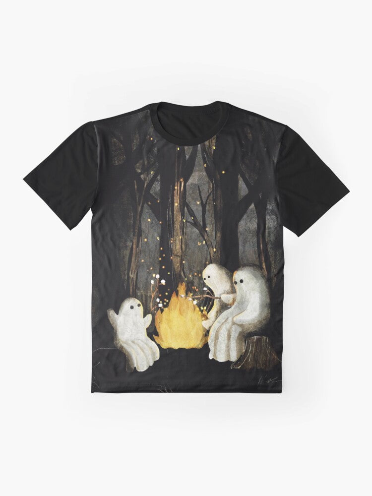 Graphic t-shirt featuring a campfire with marshmallows and a spooky ghost design - Flat lay