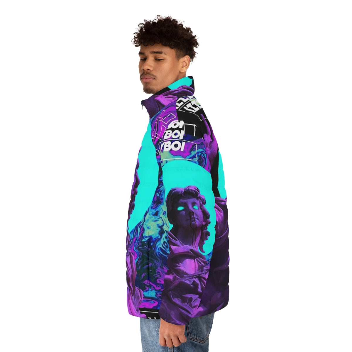 Vaporwave inspired puffer jacket with futuristic cyberpunk design - men side left