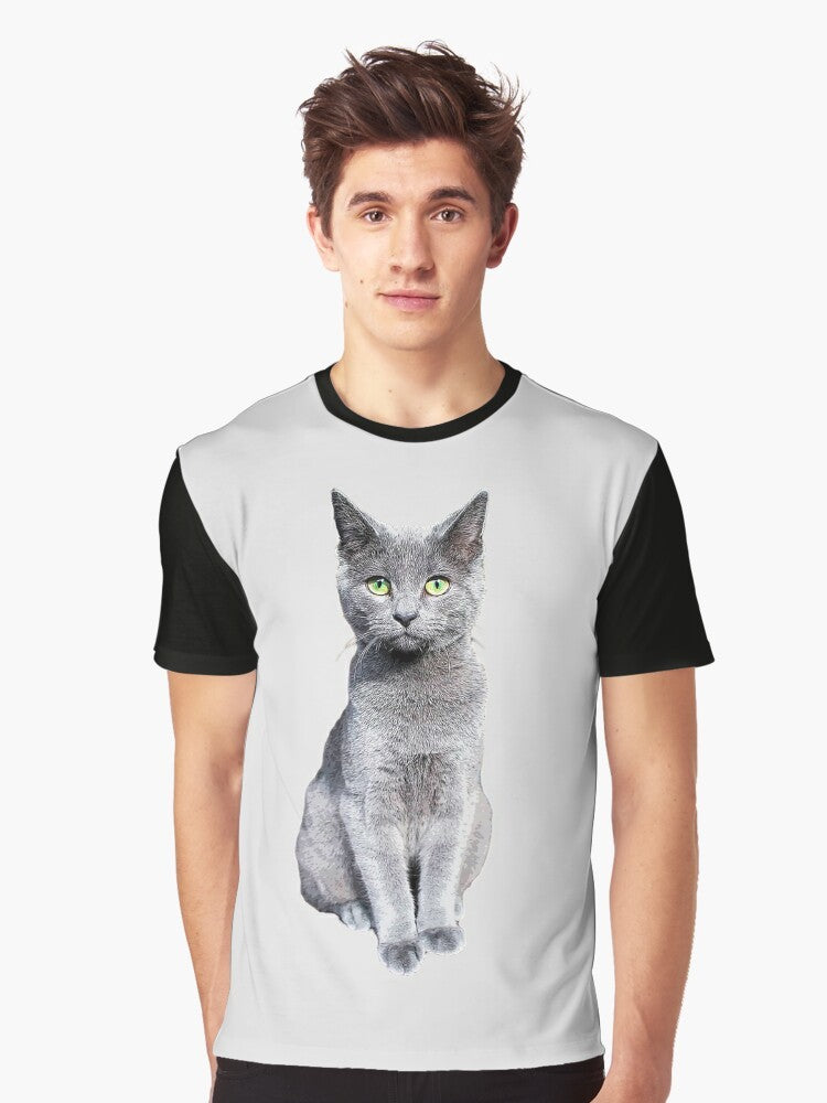 Closeup photo of a cute and fluffy Russian Blue kitten with striking green eyes on a grey graphic t-shirt. - Men