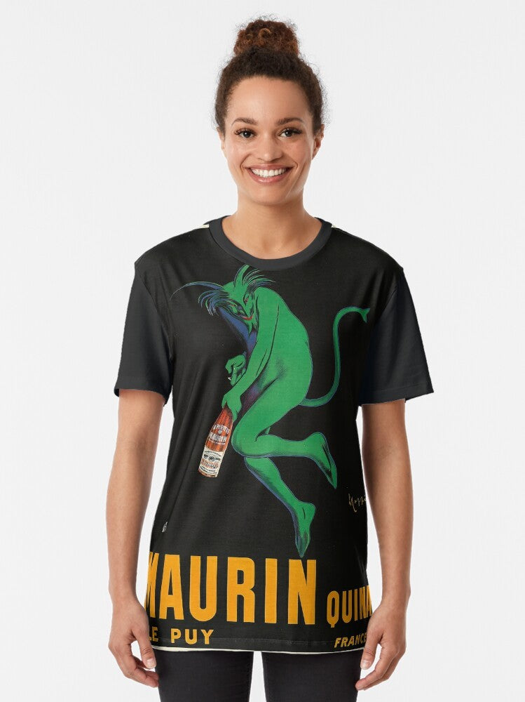 Vintage Maurin Quina wine label graphic t-shirt featuring the devilish design by Italian artist Leonetto Cappiello. - Women