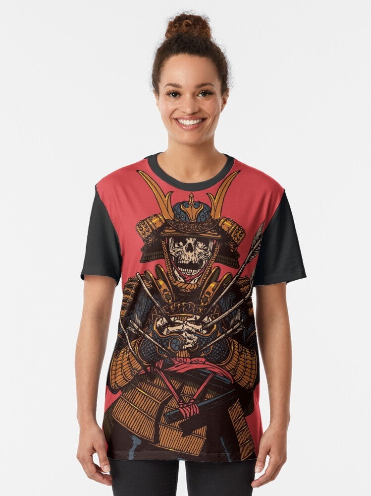 A graphic t-shirt featuring a dead samurai warrior with a sword and red background. - Women