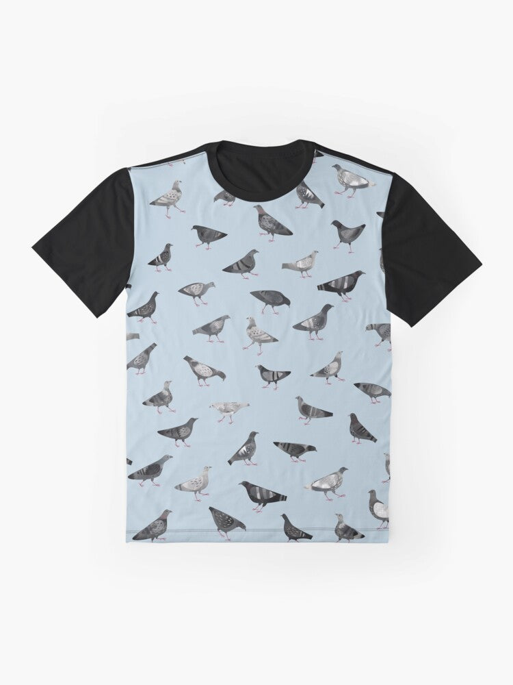 Graphic t-shirt featuring a design of urban pigeons or doves in a flock, with a pattern of gray and white birds. - Flat lay