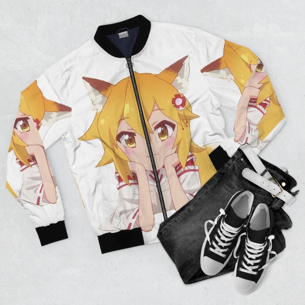 Senko-San anime inspired bomber jacket with character designs - Flat lay