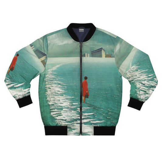 Vintage collage bomber jacket featuring a surreal post-apocalyptic city landscape with a woman waiting against a dark sky and ocean.