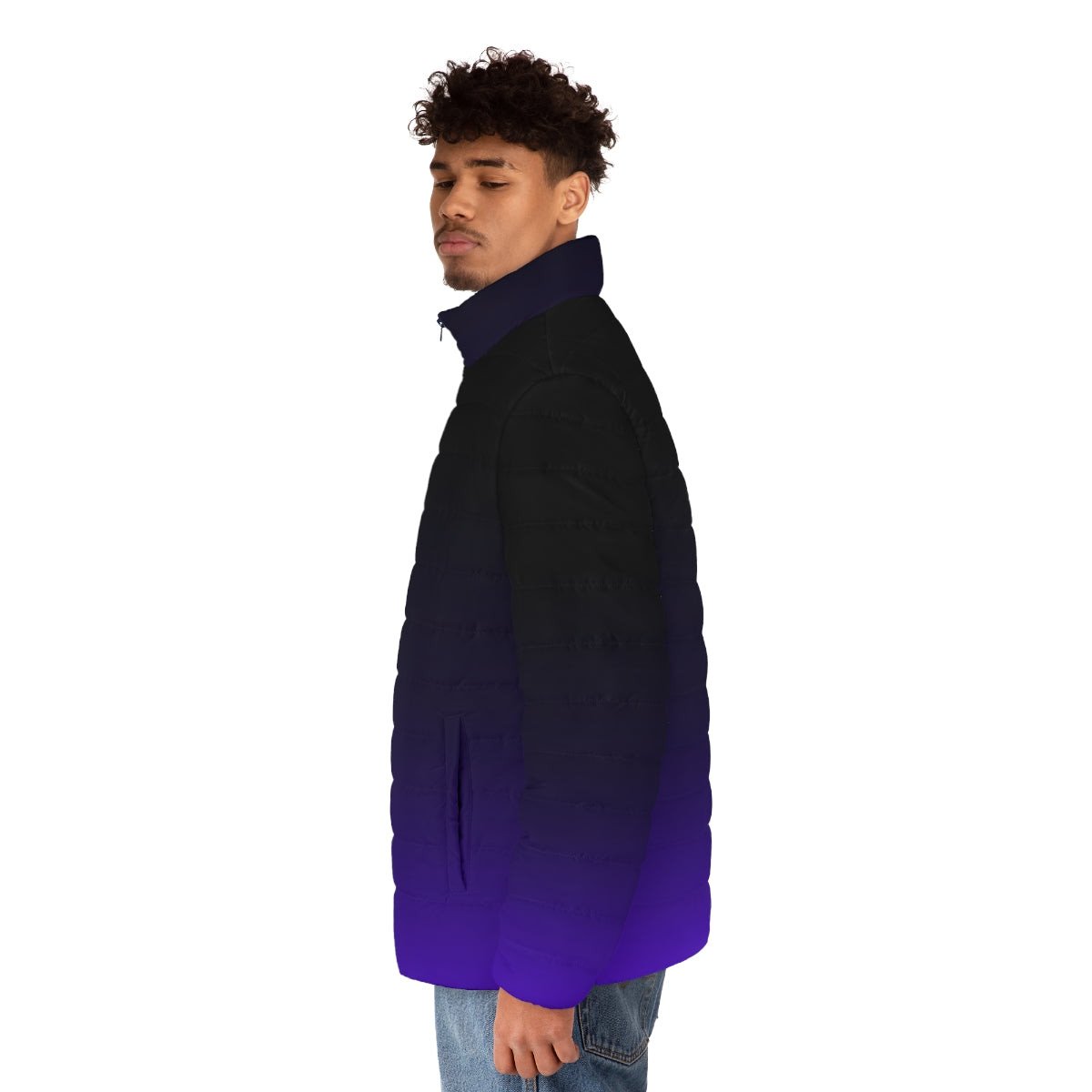 Gradient black and purple puffer jacket with a minimalistic celestial design - men side left