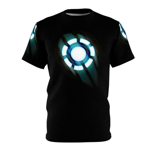 Glowing arc reactor inspired all-over print t-shirt