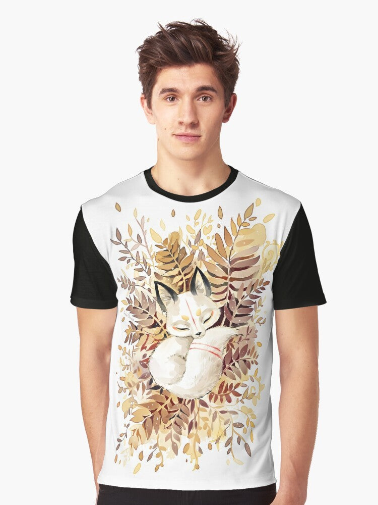 Slumber Graphic T-Shirt featuring a cute, sleeping fox design in the forest - Men