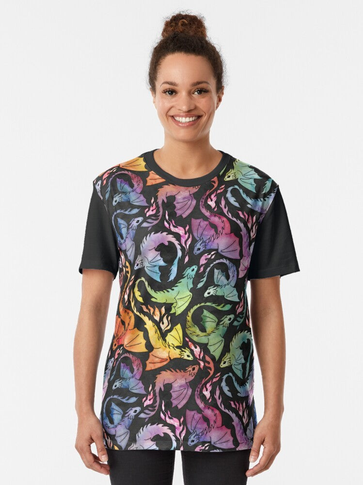 Dark rainbow dragon fire graphic t-shirt with a mythical, watercolor design - Women