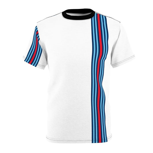 Vintage-inspired racing stripes graphic on a high-quality t-shirt for classic car and motorsports fans