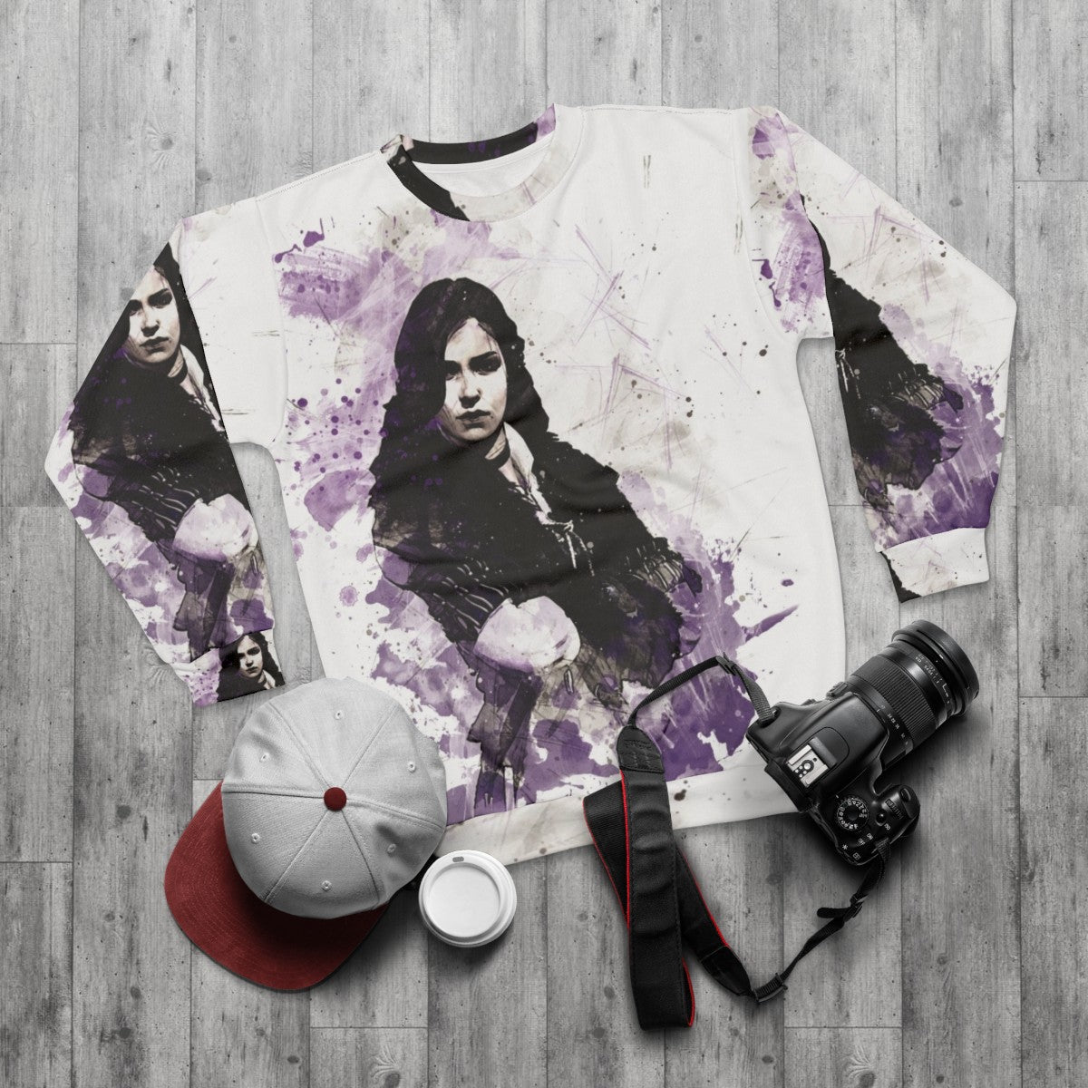 Yennefer of Vengerberg from The Witcher painting on a sweatshirt - flat lay