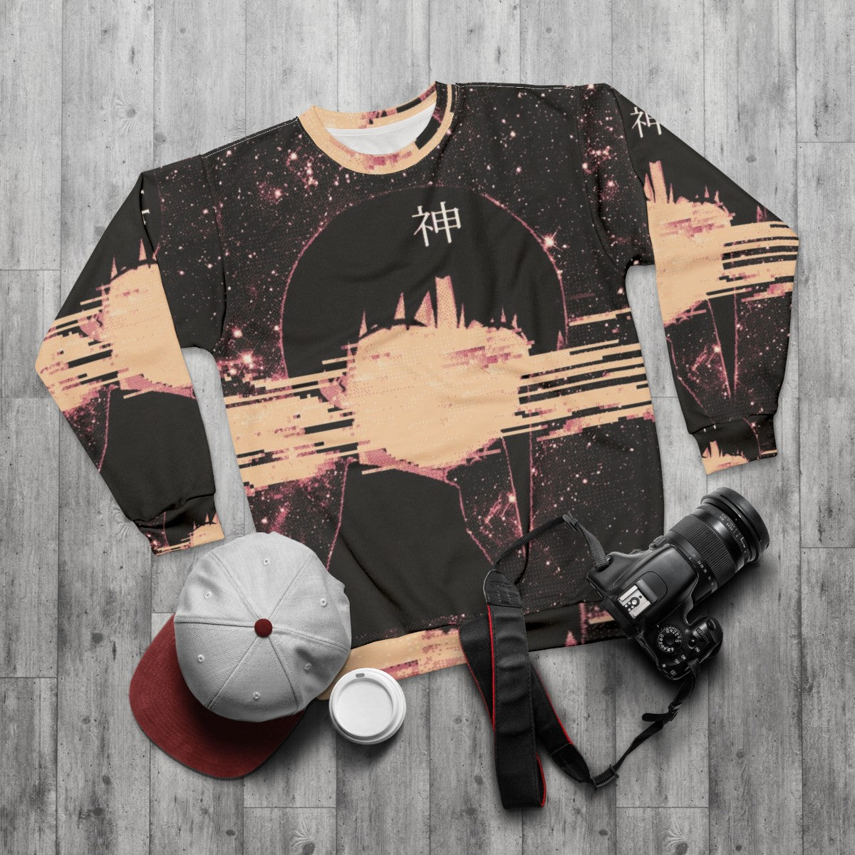 Wired God Glitch Art Sweatshirt with space and stars design - flat lay