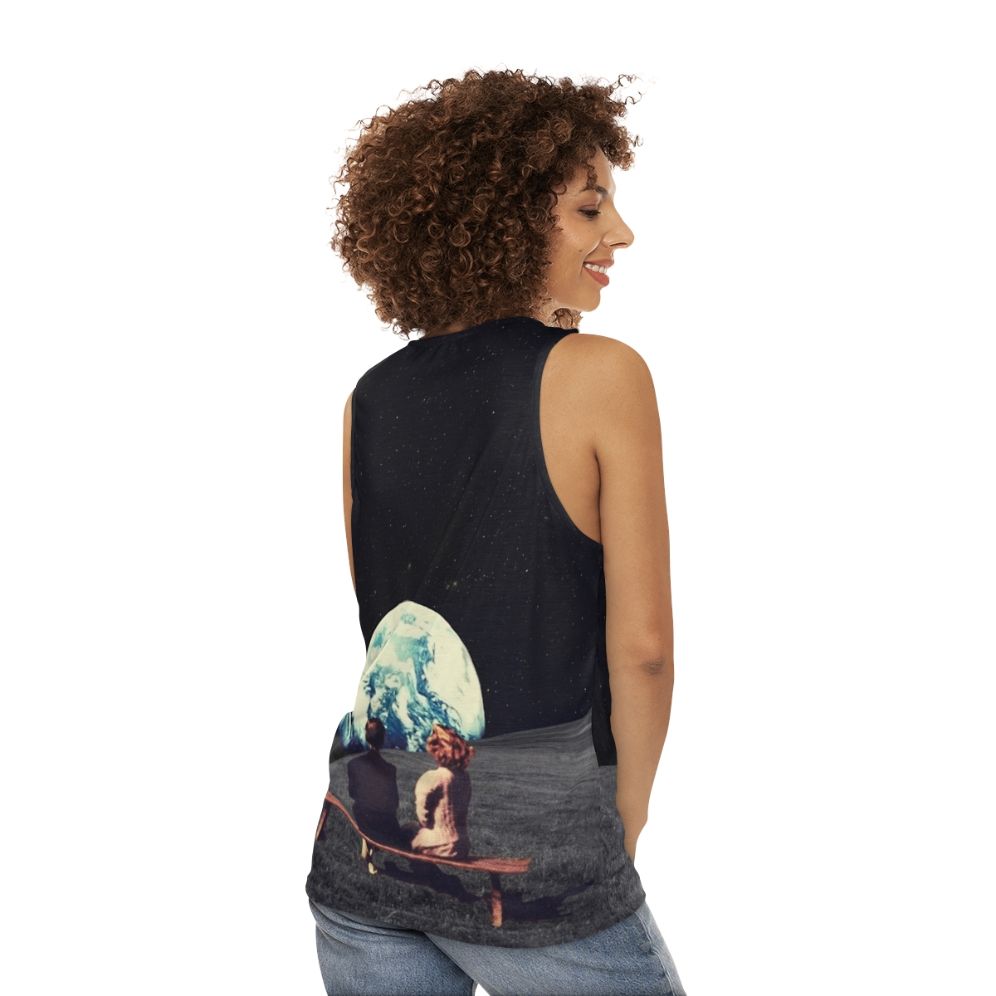 Unisex retrofuture tank top featuring a digital collage of a surreal landscape - women back