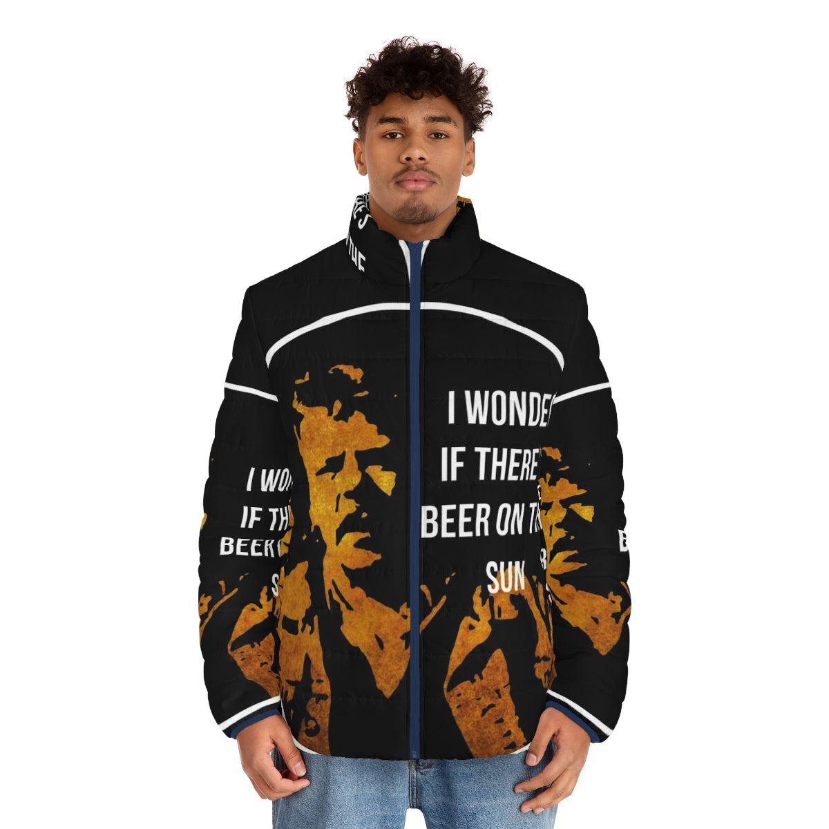 A puffer jacket featuring the iconic "Zap Rowsdower" beer quote from the cult classic film "The Final Sacrifice" - men front