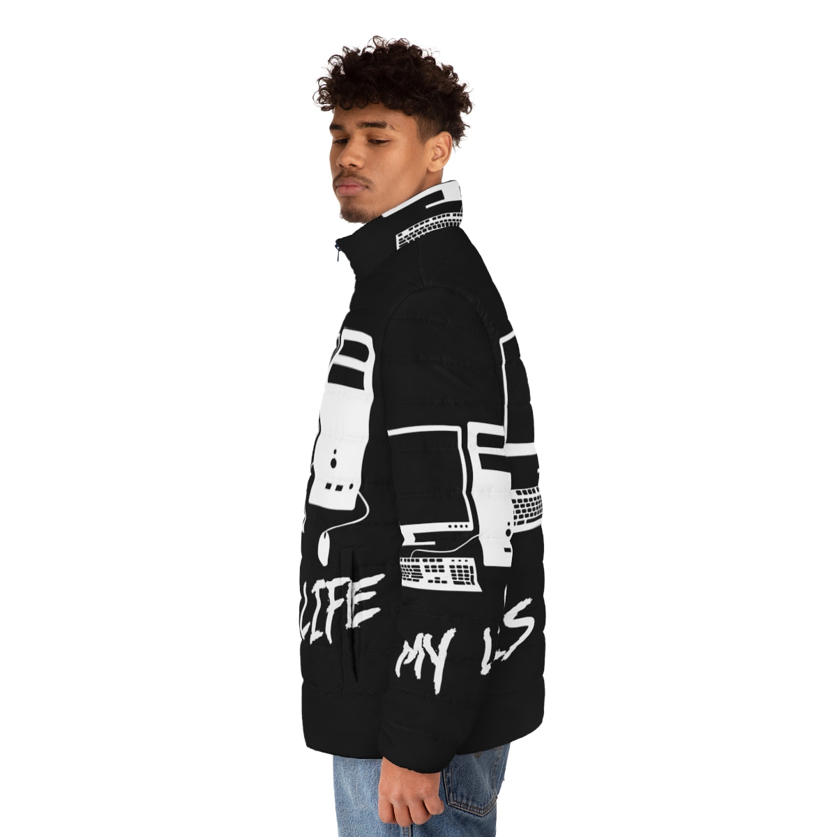 A cozy puffer jacket for computer enthusiasts, featuring a "Computer Is My Life" graphic design. - men side left