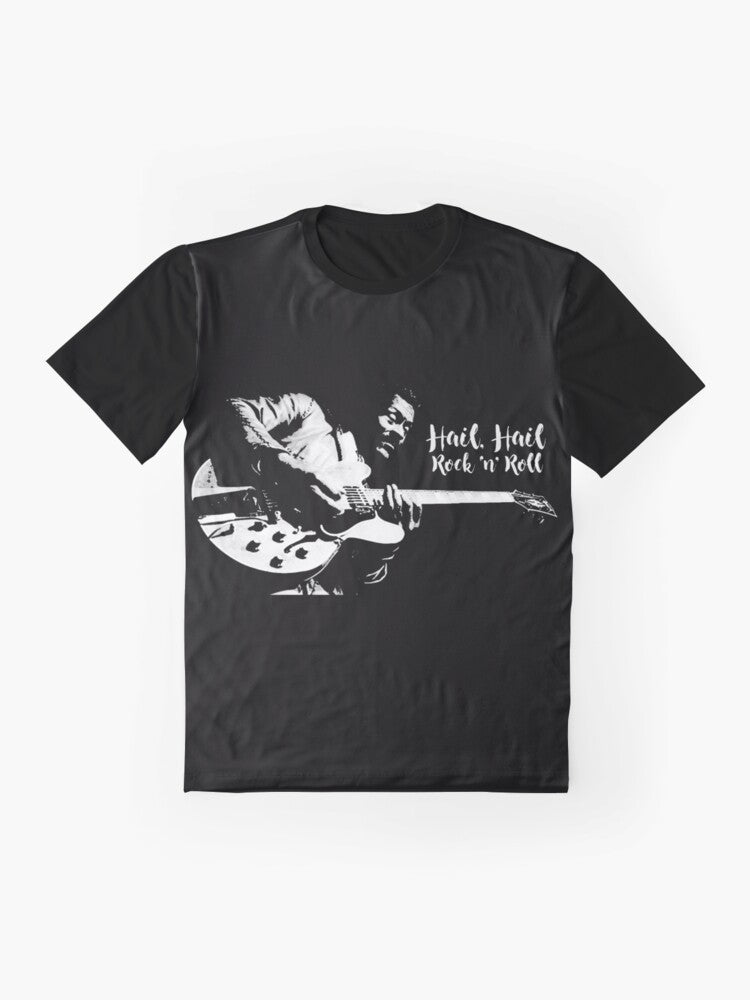 Rock and roll graphic t-shirt featuring the legendary Chuck Berry and his guitar - Flat lay