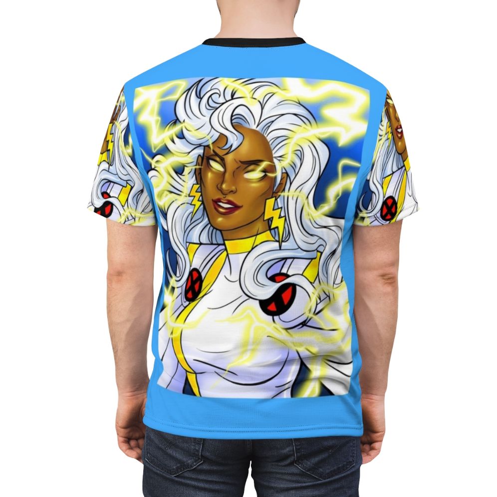 Mutant hero with electric storm powers on a vintage-inspired t-shirt design - men back