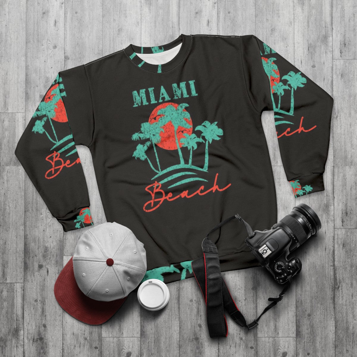 Vintage Miami Beach Retro Distressed Sweatshirt - flat lay