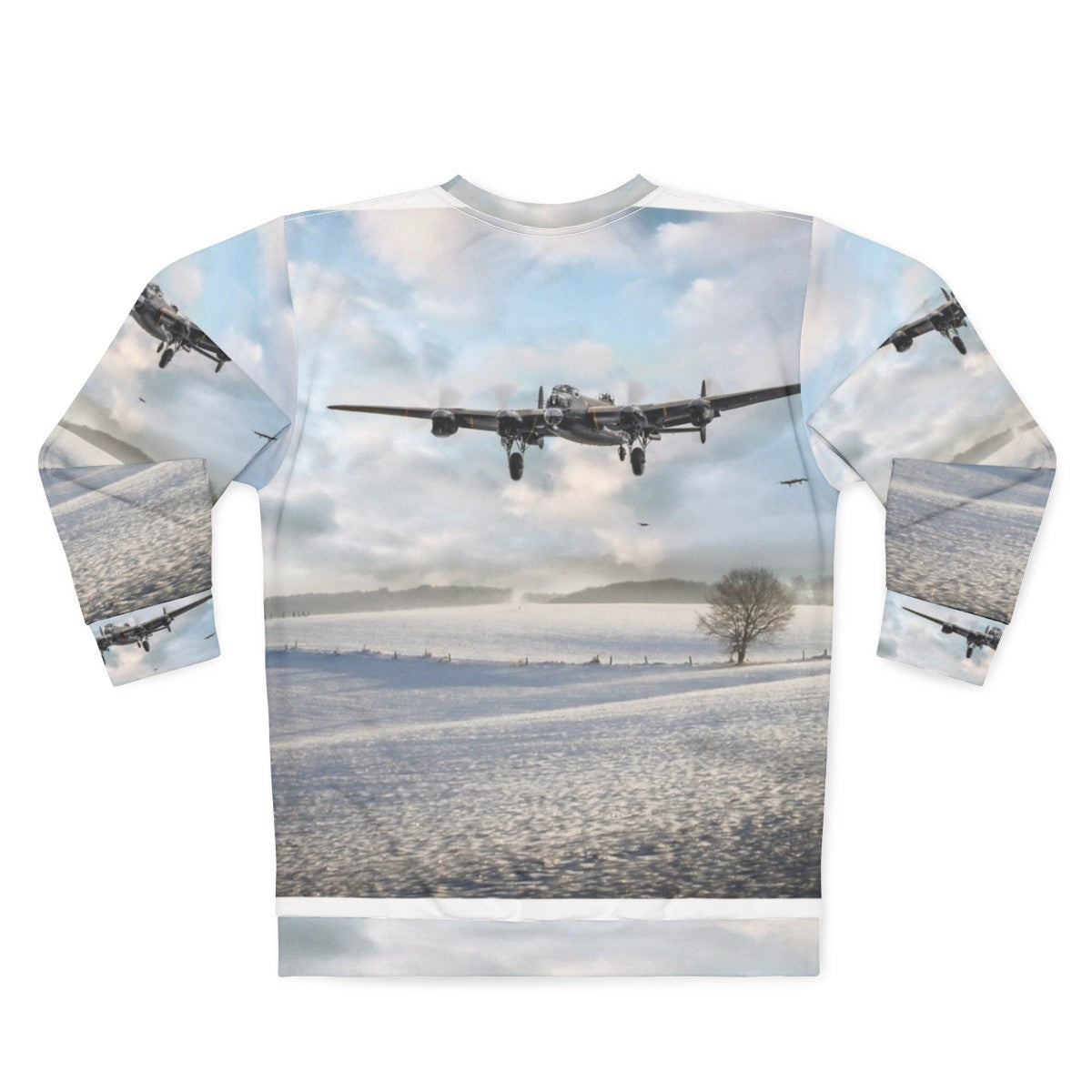 Avro Lancaster bomber in snowy landscape on winter sweatshirt - Back