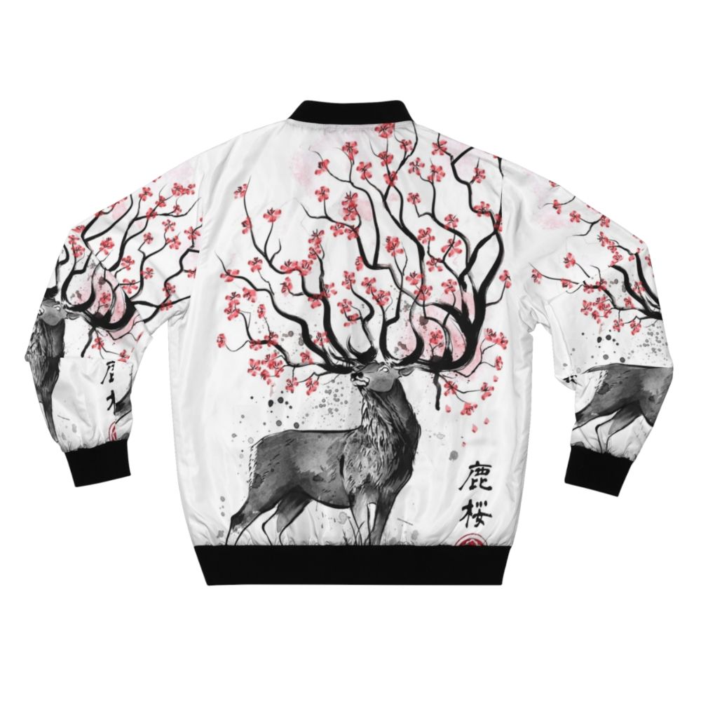 Sakura Deer Bomber Jacket, featuring a nature-inspired watercolor design of a deer amidst sakura blossoms - Back