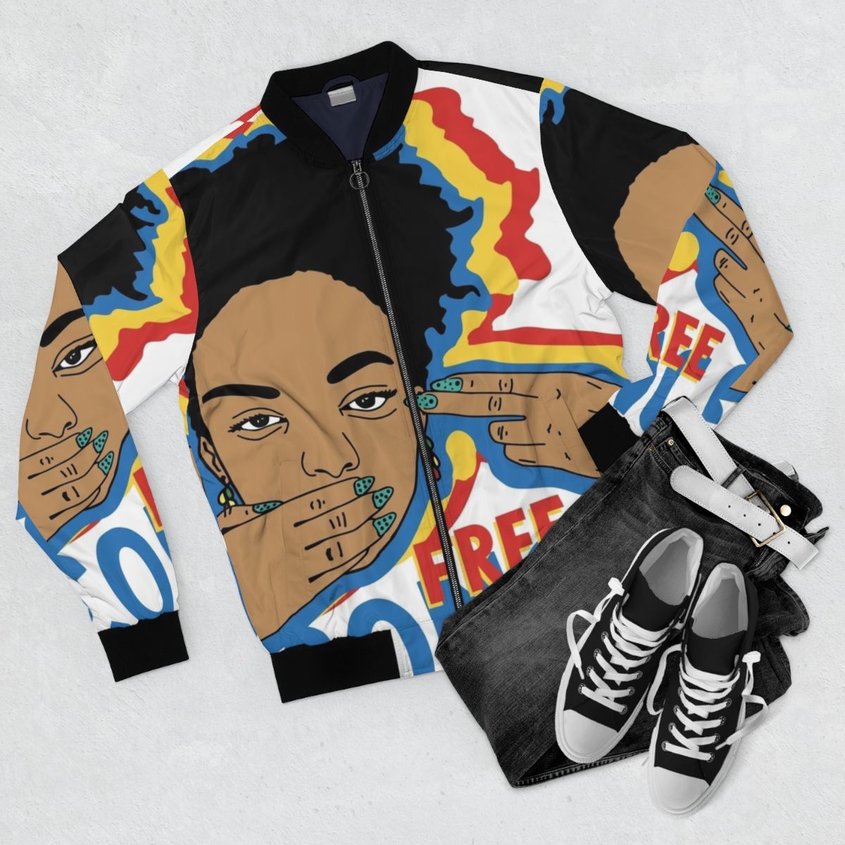 Stop Genocide in Congo Bomber Jacket - Flat lay