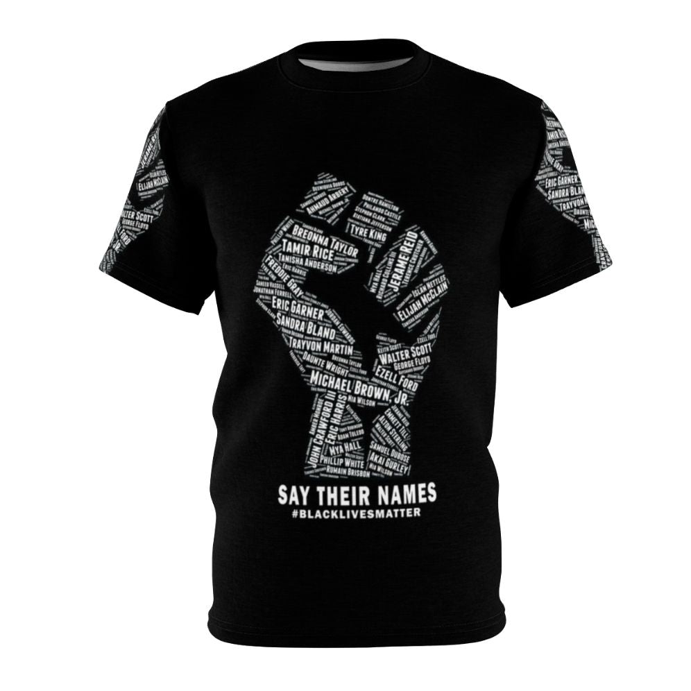 Black Lives Matter inspired t-shirt design with protest imagery and social justice messaging.