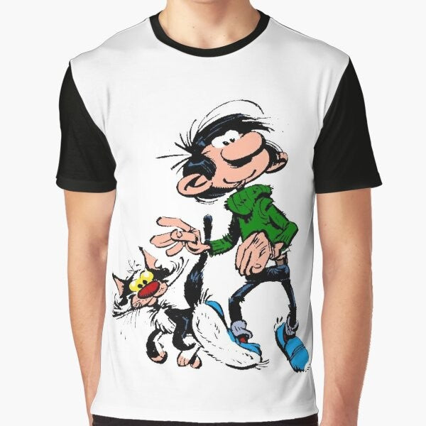 Gaston Lagaffe, the famous character from the Belgian comic series, featured on a graphic t-shirt