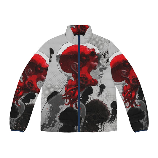 Puffer jacket with surreal underwater scene featuring sea creatures