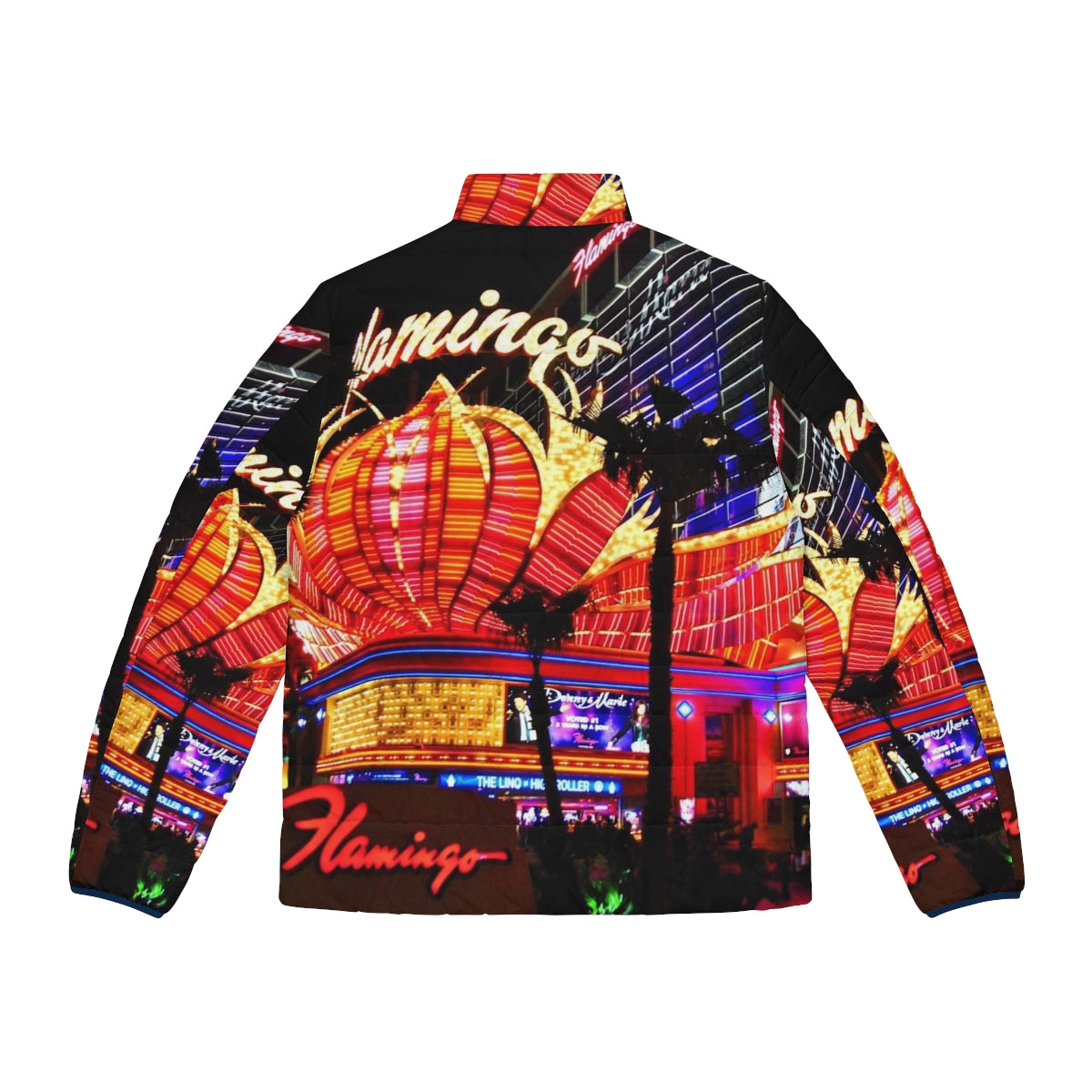 American puffer jacket featuring colorful Flamingo Las Vegas neon signs - Back