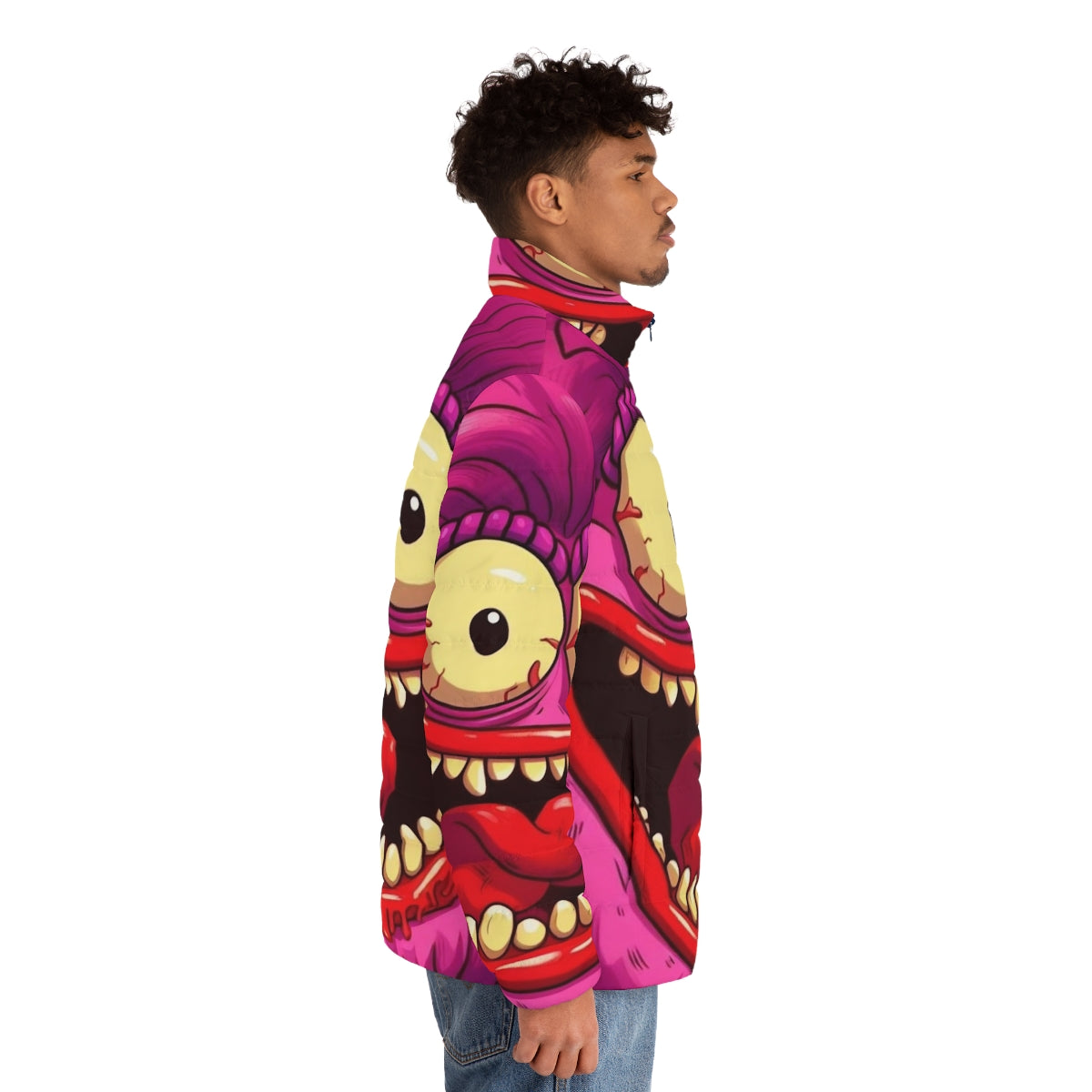 Colorful and vibrant puffer jacket featuring the Big Mouth hormone monster - men side right