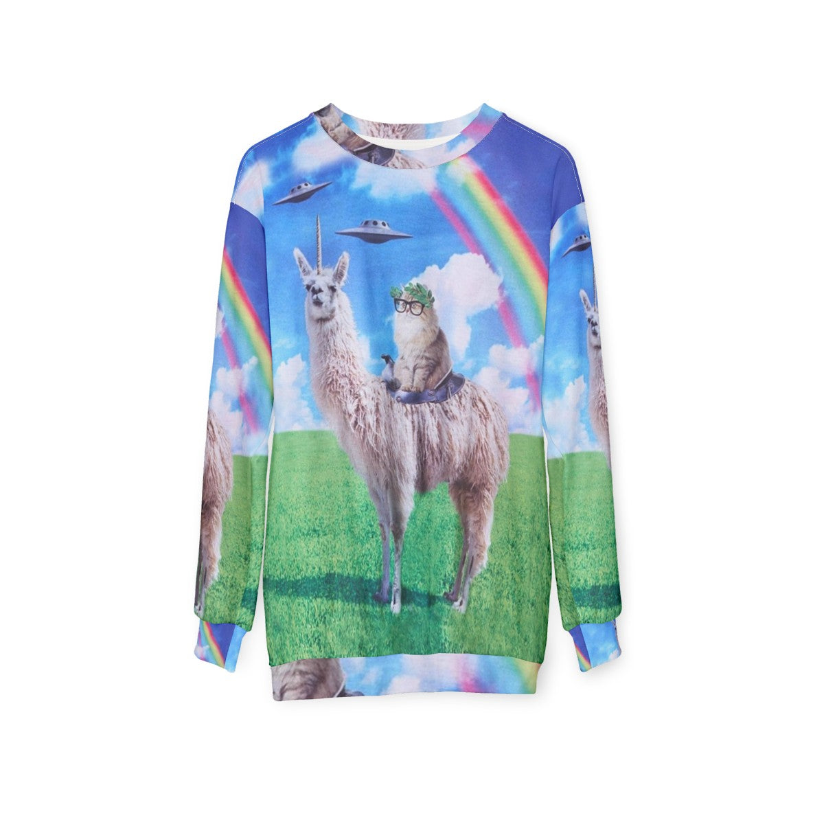 Cosmic cat riding llama unicorn rainbow UFO graphic sweatshirt - hanging