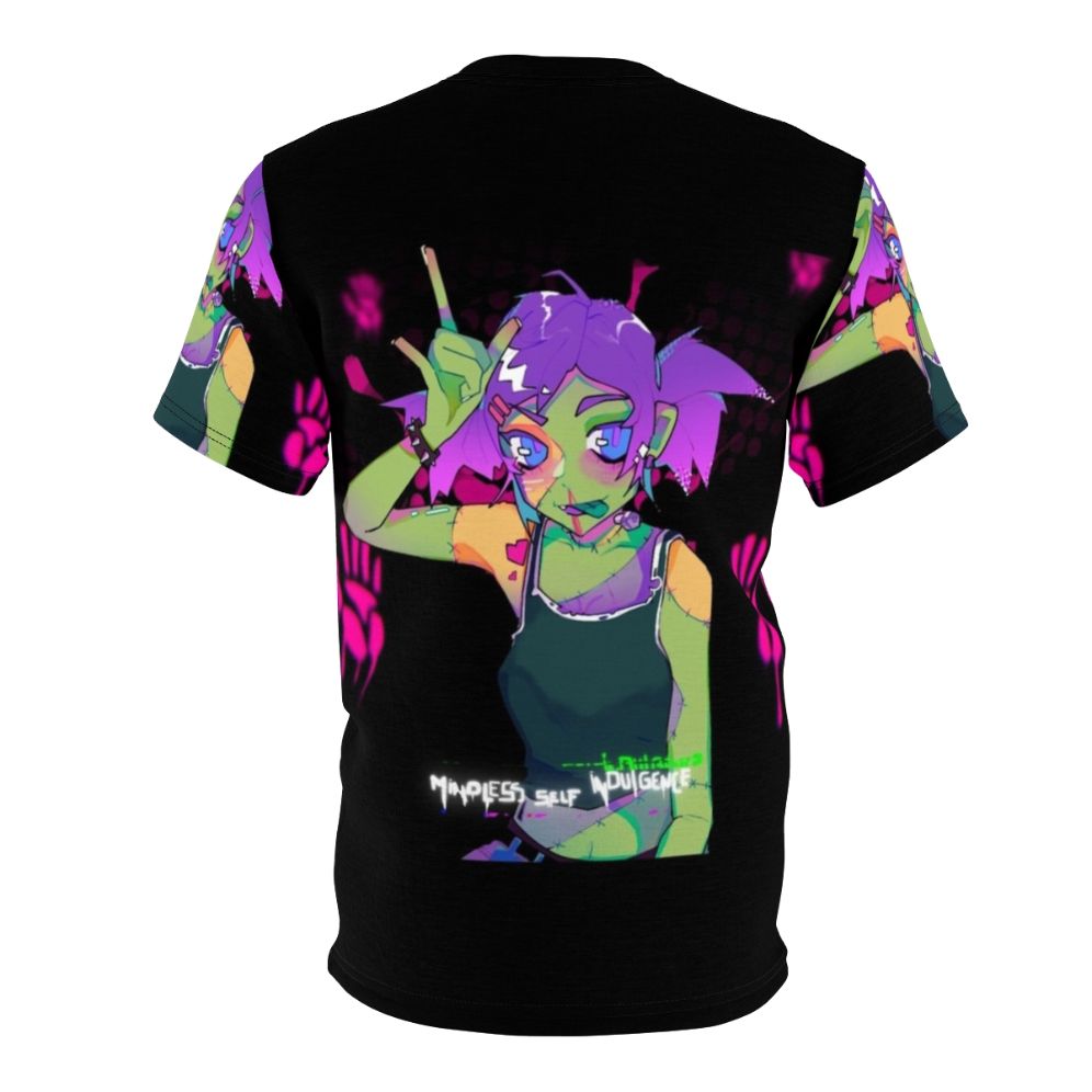 Model wearing a black t-shirt with a colorful, anime-inspired graphic design. - Back