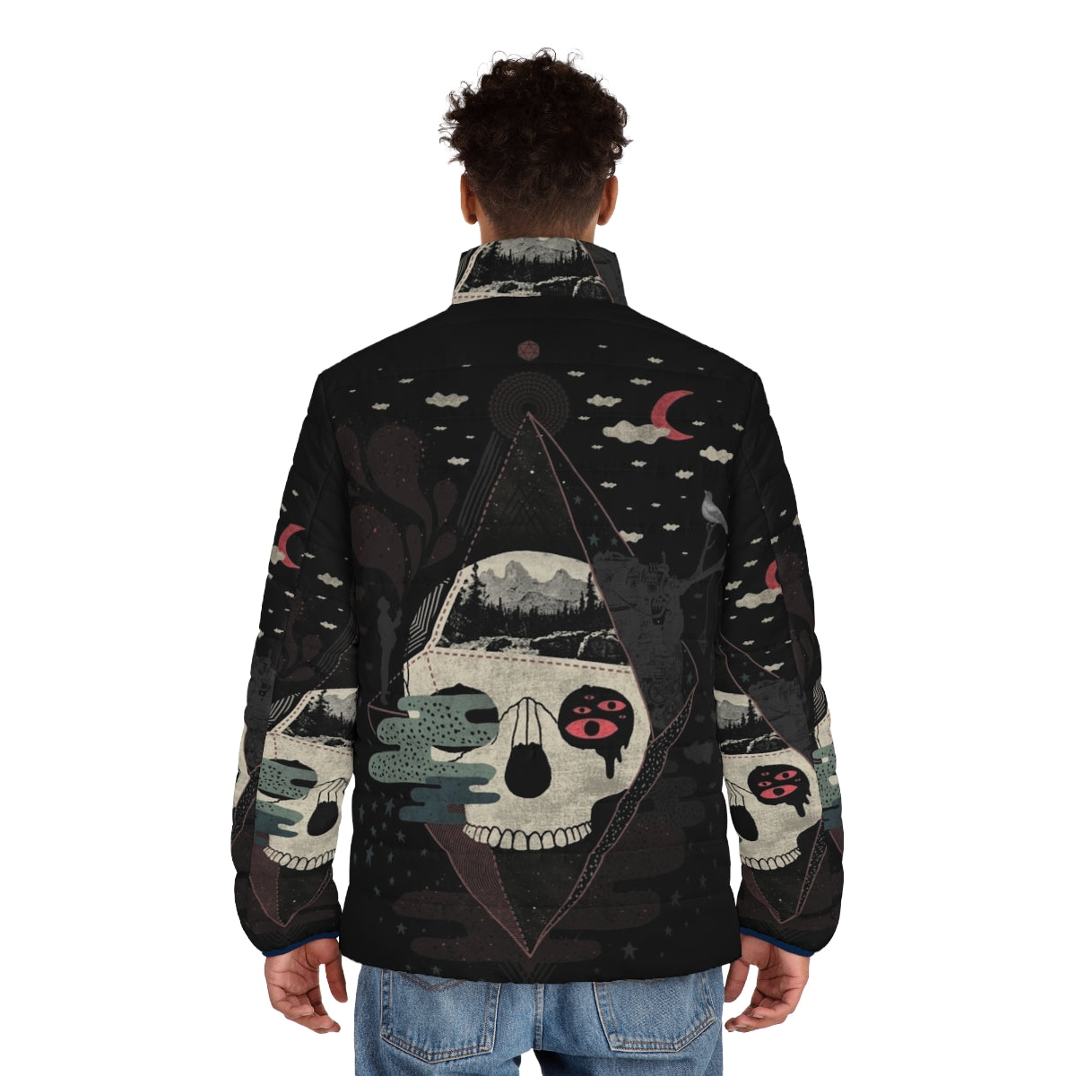 Cozy puffer jacket with surreal, abstract night and nature design - men back