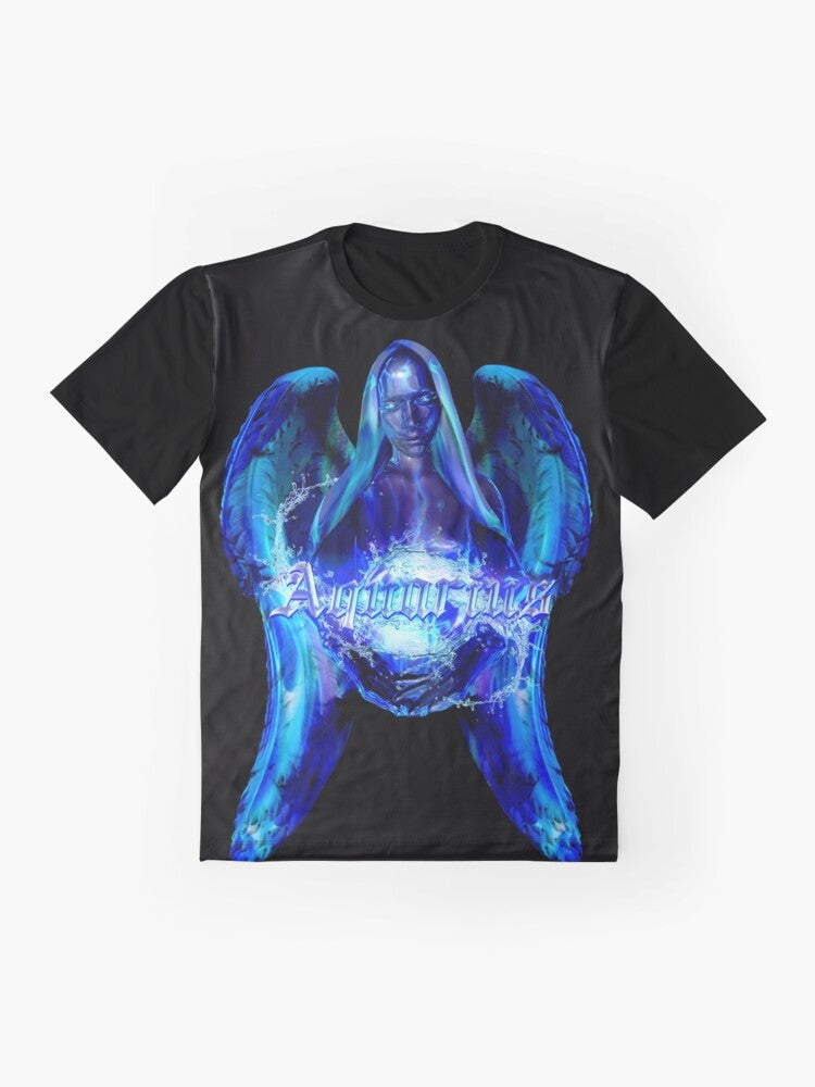 Aquarius Agenda Graphic T-Shirt, featuring a cosmic design with stars and galaxies representing the Aquarius zodiac sign - Flat lay