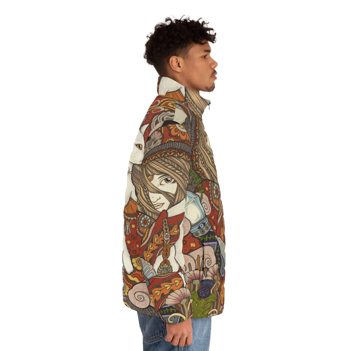 Visionary puffer jacket with tarot, owl, and cat motifs - men side right