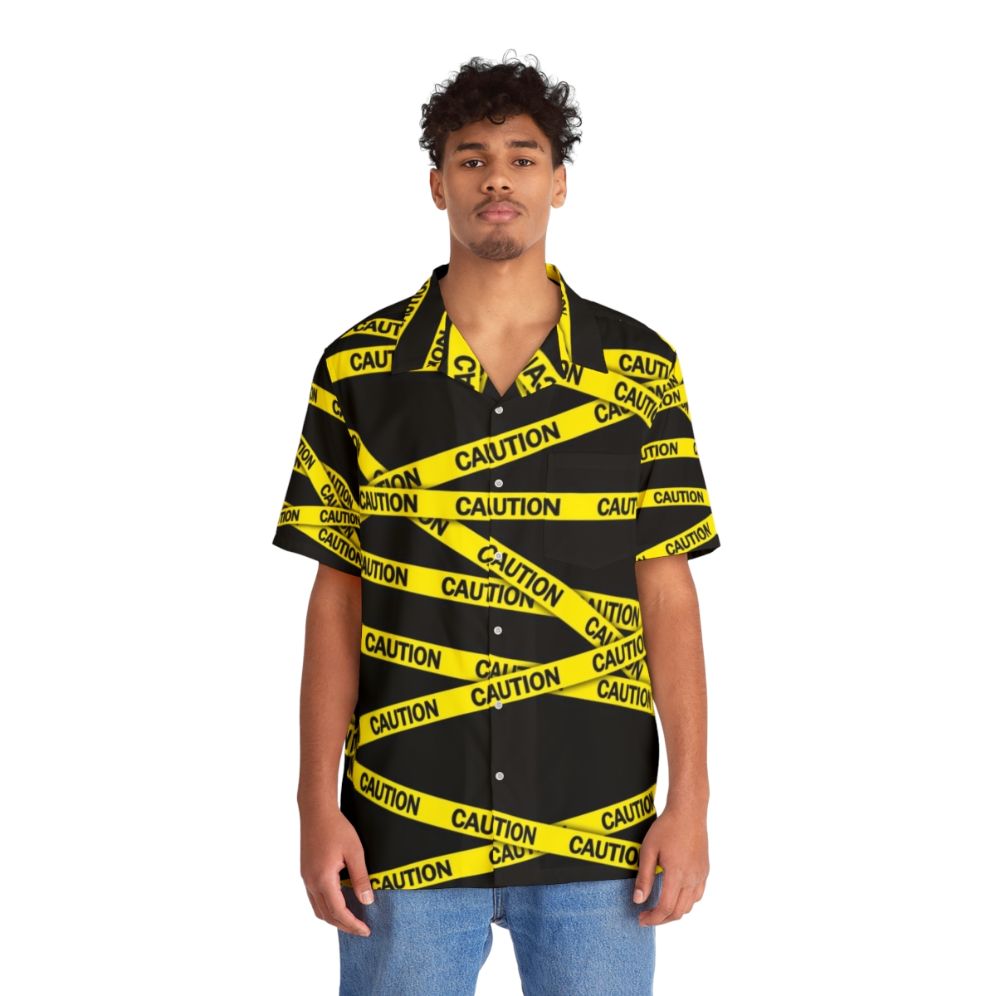 Caution Tape Hawaiian Shirt, Bright Yellow Warning Shirt for Introverts - People Front