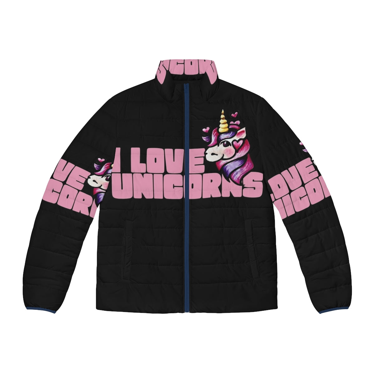 Vibrant puffer jacket featuring a colorful unicorn graphic design