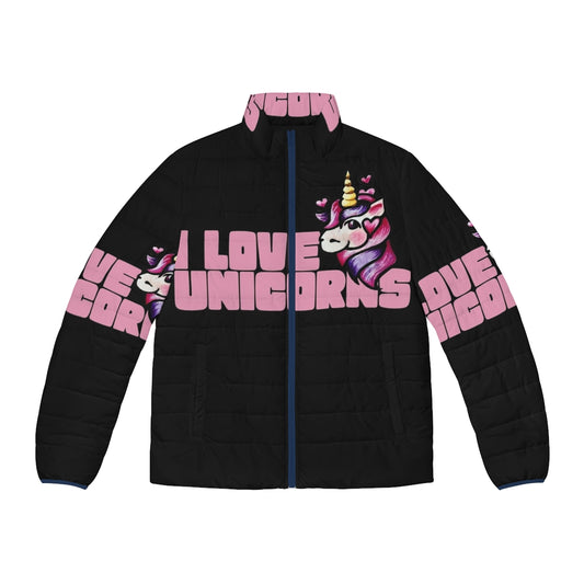 Vibrant unicorn print puffer jacket with hearts and retro design