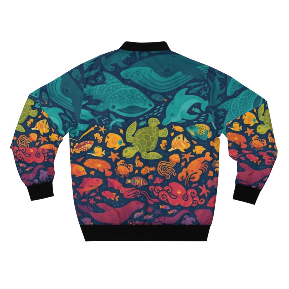 Aquatic Spectrum Sea Creatures Bomber Jacket with colorful ocean-themed graphics - Back