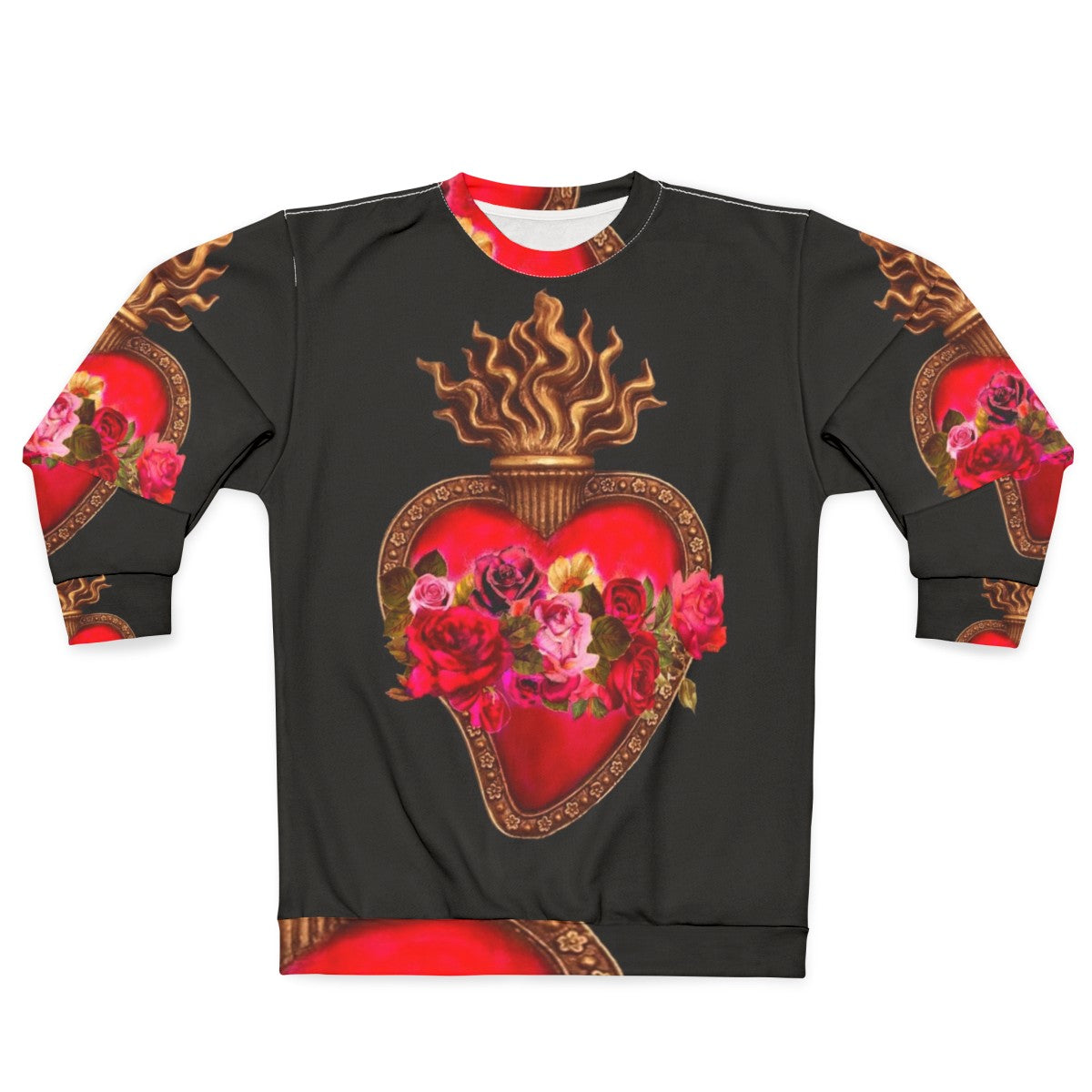 Vibrant sacred heart and immaculate heart red flaming heart design on a red sweatshirt