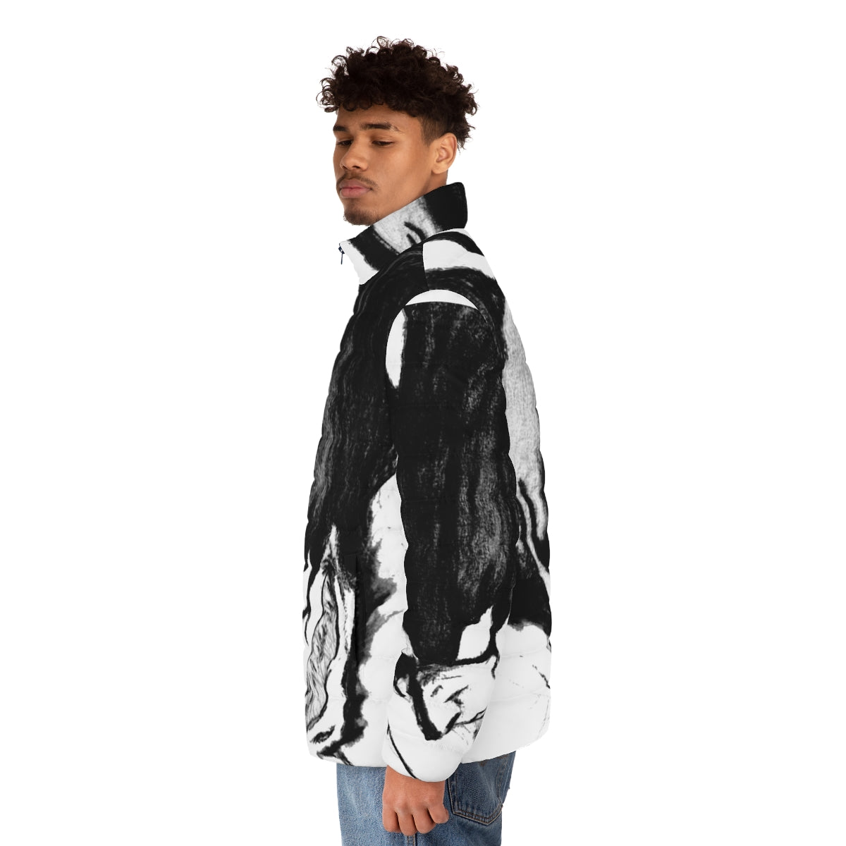 Devilman Crybaby anime-inspired puffer jacket with black and white superhero design - men side left