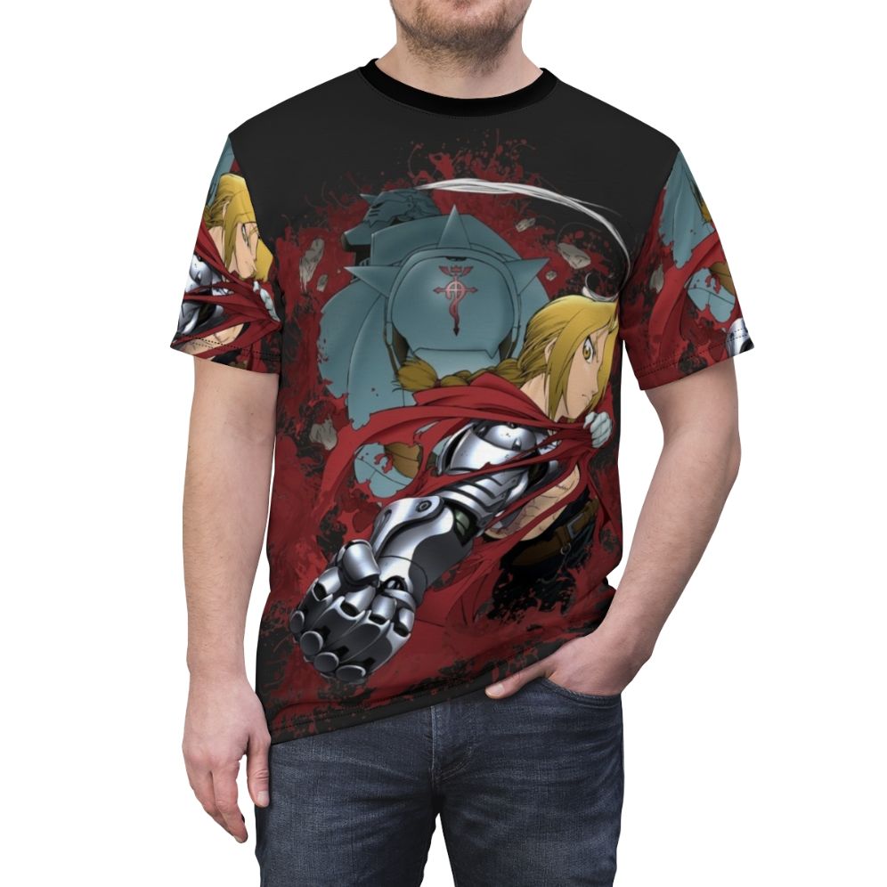 Fullmetal Alchemist inspired t-shirt featuring anime-style graphics and characters. - men front