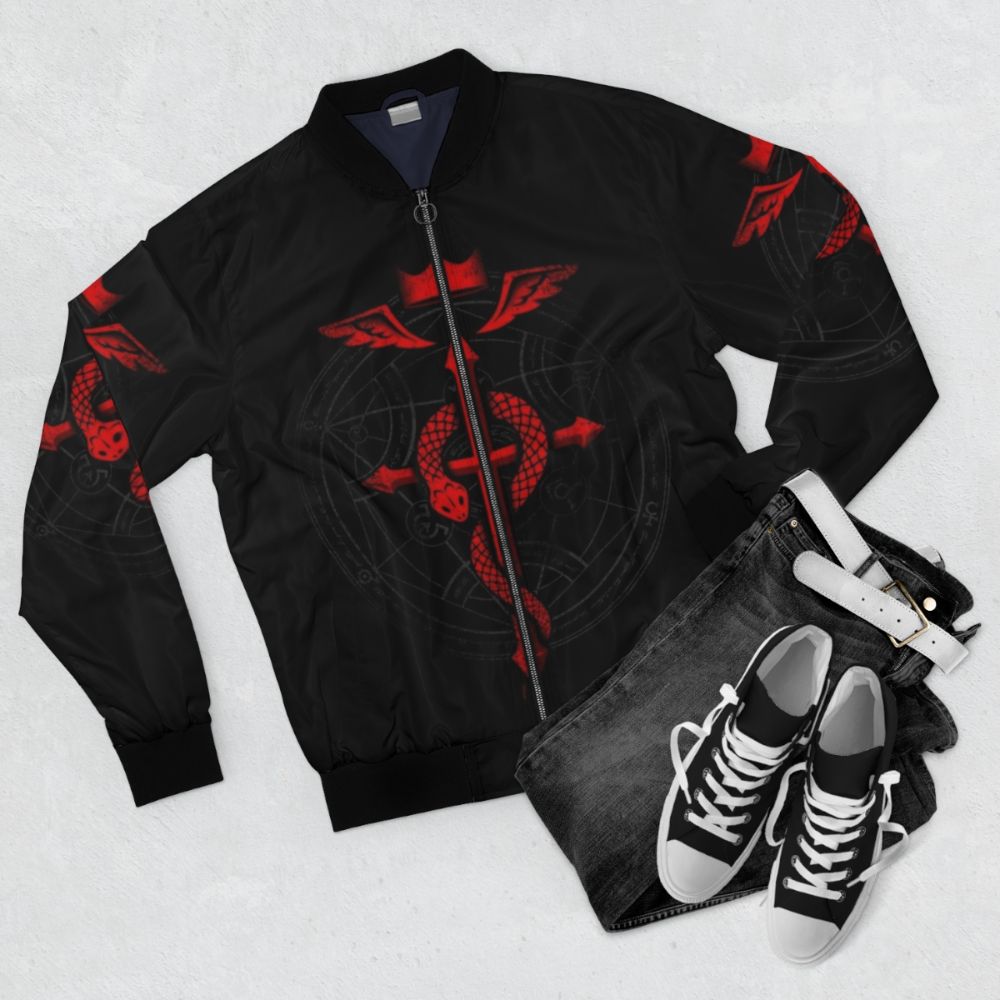 Fullmetal Alchemist inspired bomber jacket with Flamel symbol and alchemical design elements - Flat lay