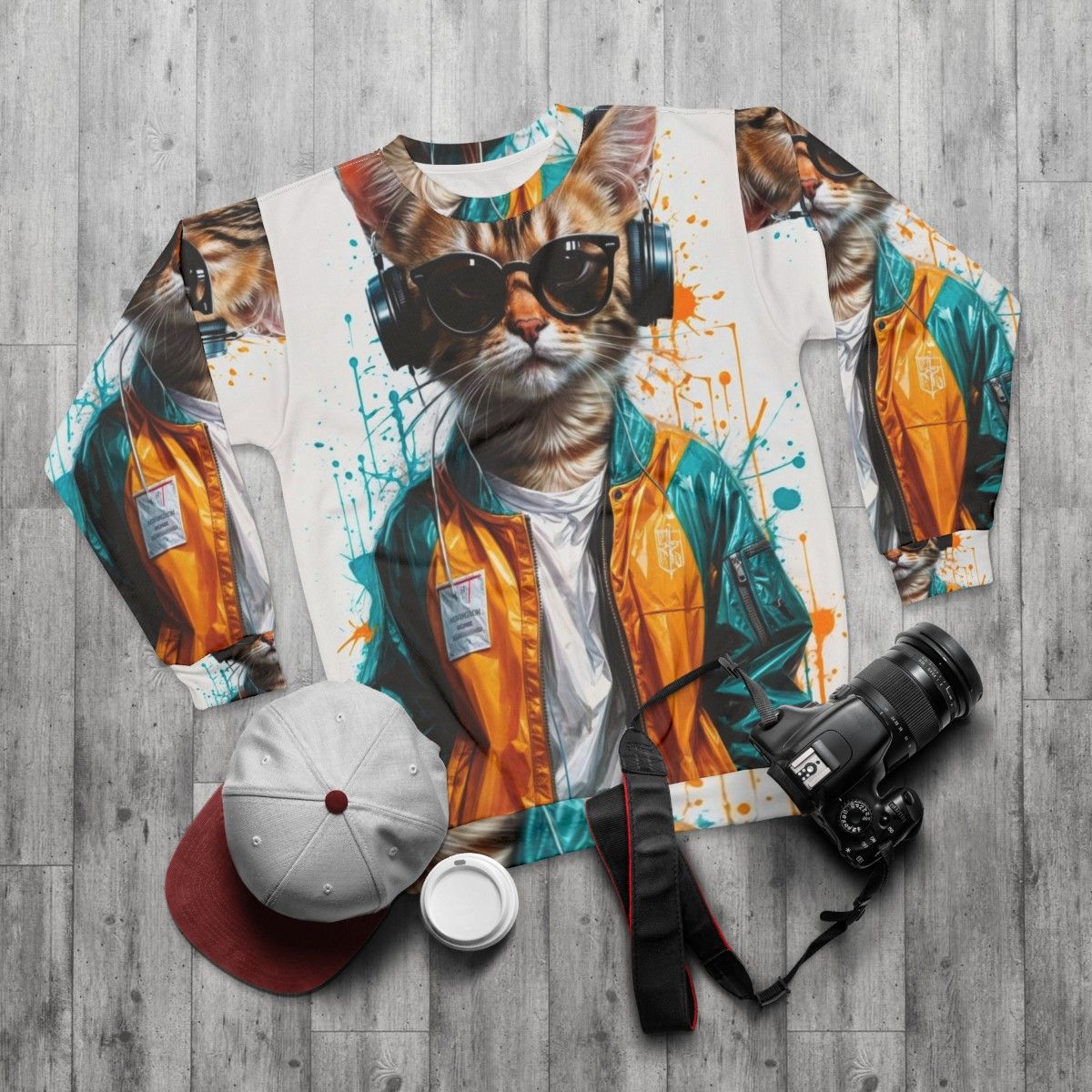 Fashionable dance cat sweatshirt featuring a cute kitten dancing with headphones - flat lay