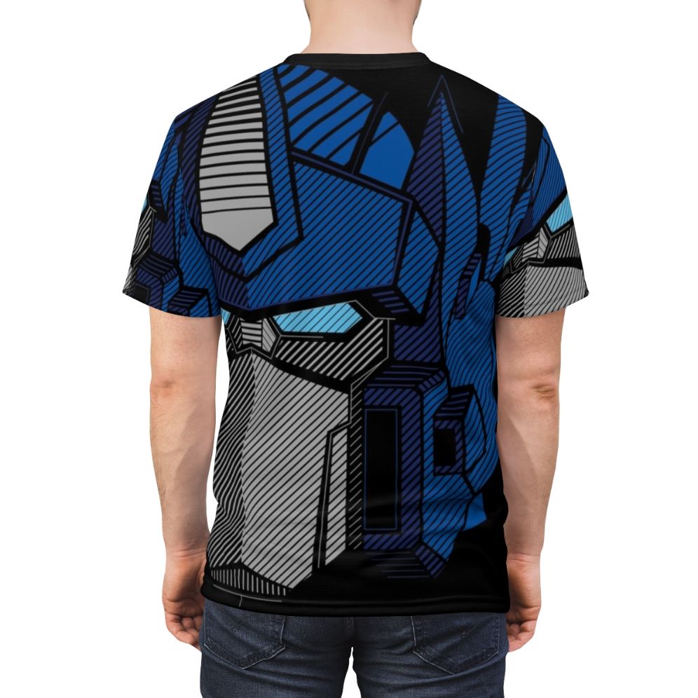 Vibrant all over print t-shirt design featuring a transformer-inspired portrait with stripes, textures, and a retro, classic anime style. - men back