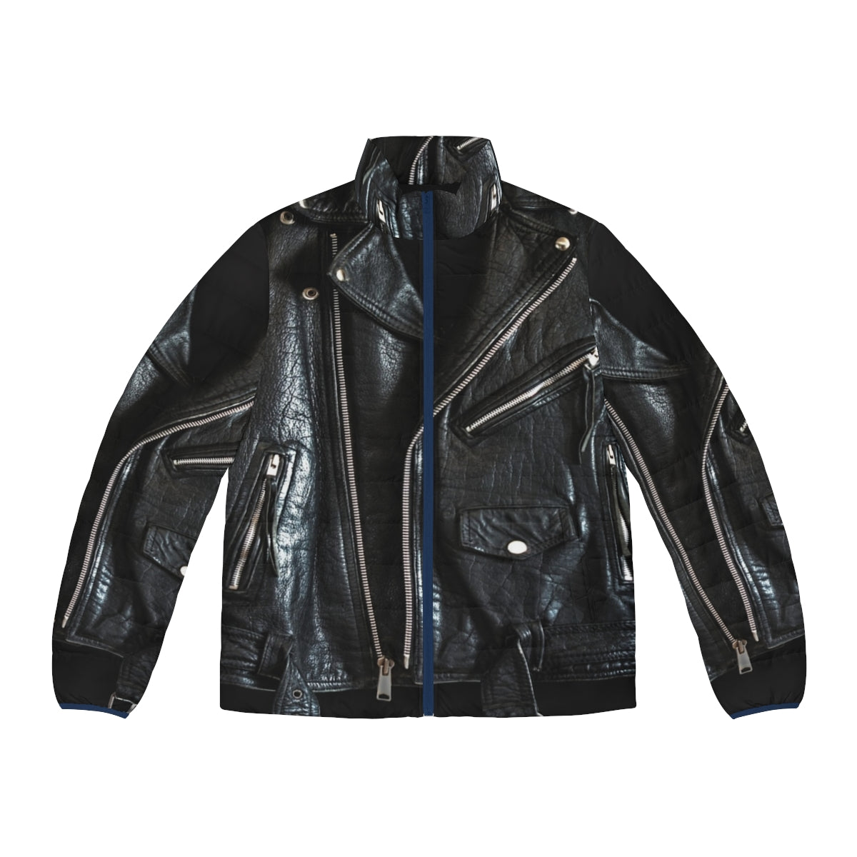 Black leather puffer jacket with biker and motorcycle design