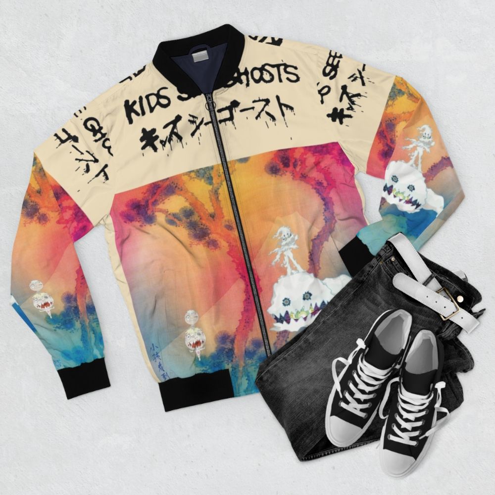 Kids See Ghosts Kanye West Bomber Jacket with Graphic Design - Flat lay