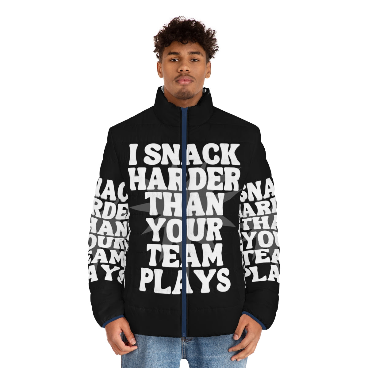 I Snack Harder Than Your Team Plays Puffer Jacket - Funny Sports-Themed Puffer Jacket - men front