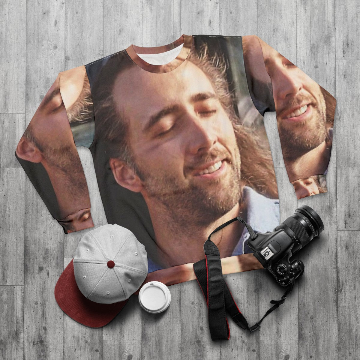 Nicolas Cage Sweatshirt with Iconic Movie Scenes - flat lay